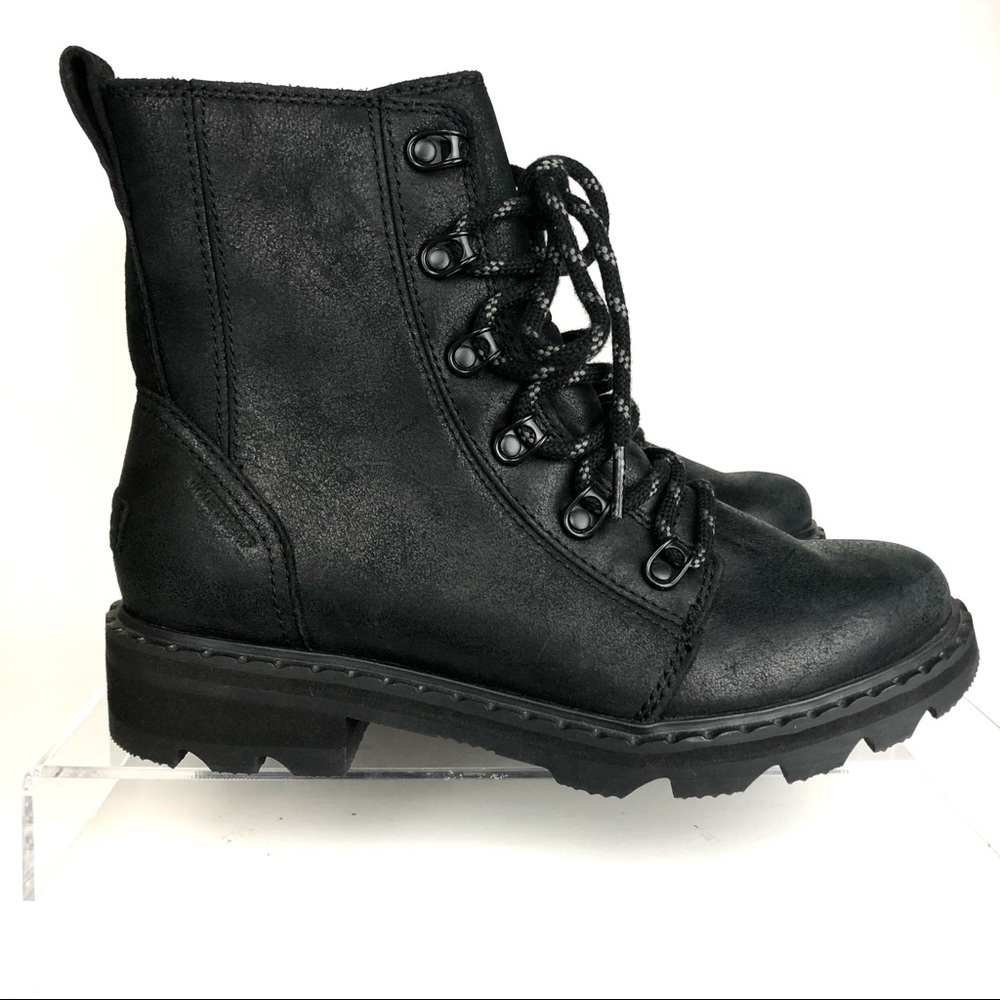 Sorel Lennox Black Leather Moto Combat Lace Up Lug Sole Boots - Sz 6.5